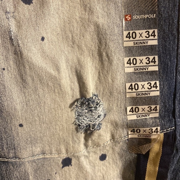 Y2K South Pole Biker Jeans Mid Rise Skinny Distressed Blue 40x34 Stripes & Paint - Picture 10 of 13